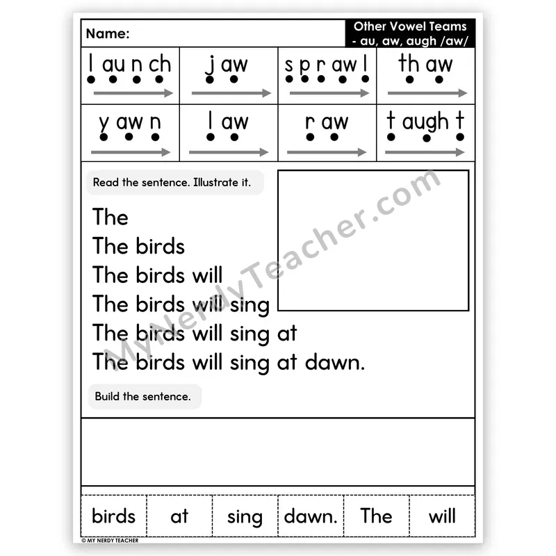Vowel Teams AU, AW, AUGH Sentence Pyramid — Decodable Fluency Worksheet (Set 3)