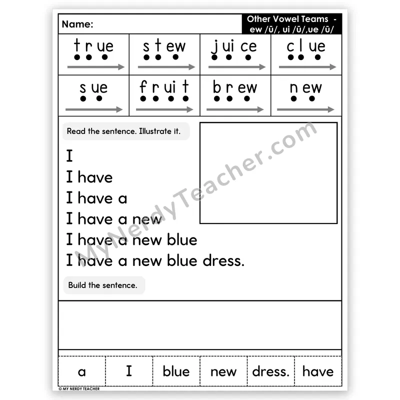 Vowel Teams EW, UI, UE Sentence Pyramid — Decodable Fluency Worksheet (Set 4)