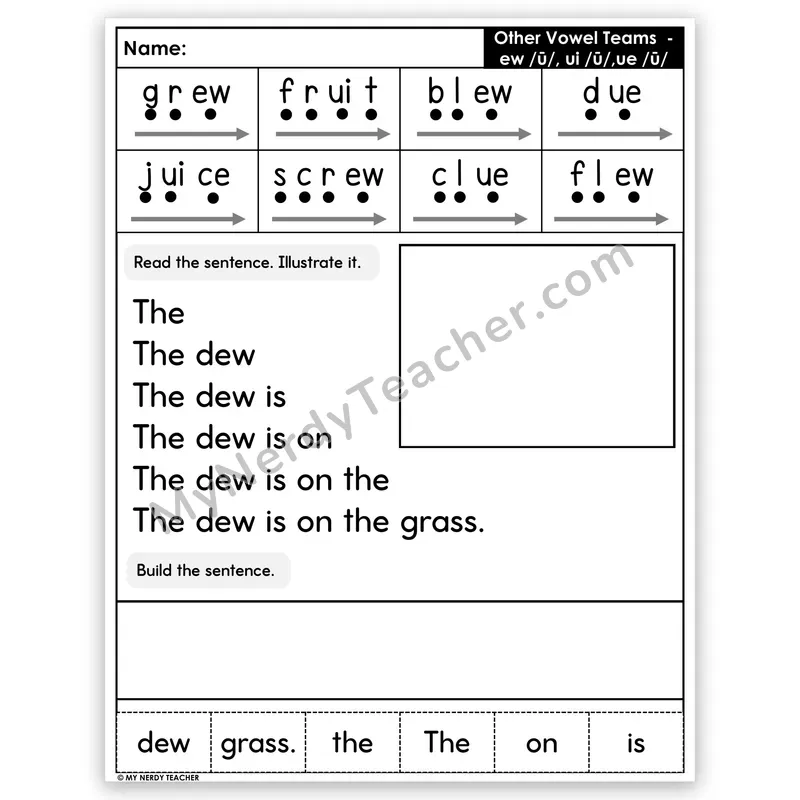 Vowel Teams EW, UI, UE Sentence Pyramid — Decodable Fluency Worksheet (Set 1)