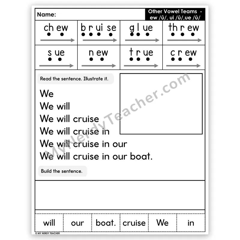 Vowel Teams EW, UI, UE Sentence Pyramid — Decodable Fluency Worksheet (Set 3)
