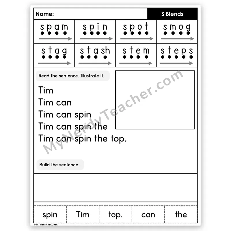S-Blends Sentence Pyramid — Decodable Fluency Worksheet (Set 1)