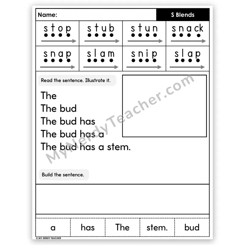 S-Blends Sentence Pyramid — Decodable Fluency Worksheet (Set 2)