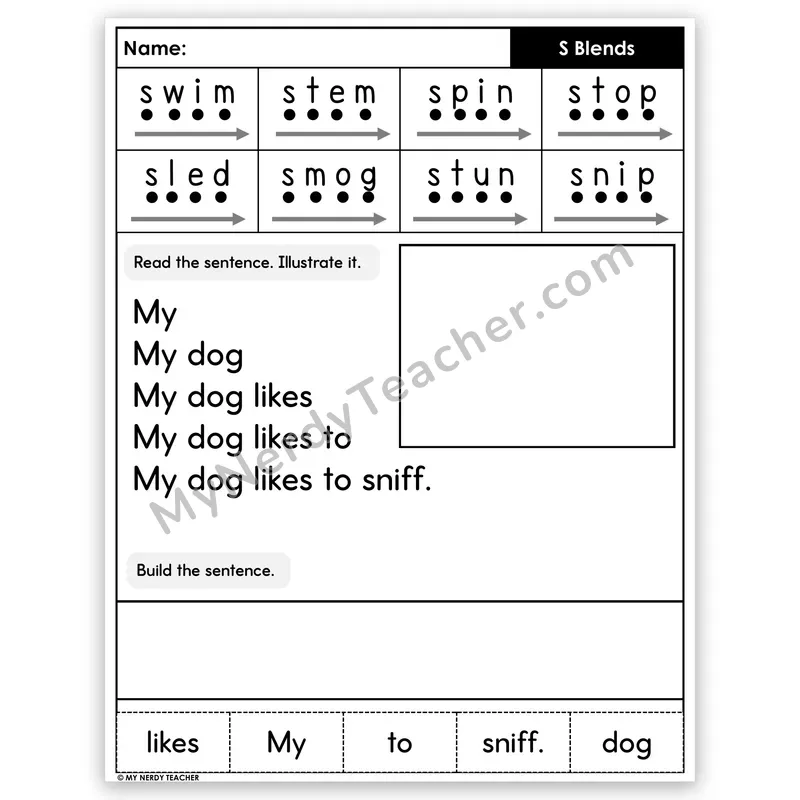 S-Blends Sentence Pyramid — Decodable Fluency Worksheet (Set 5)