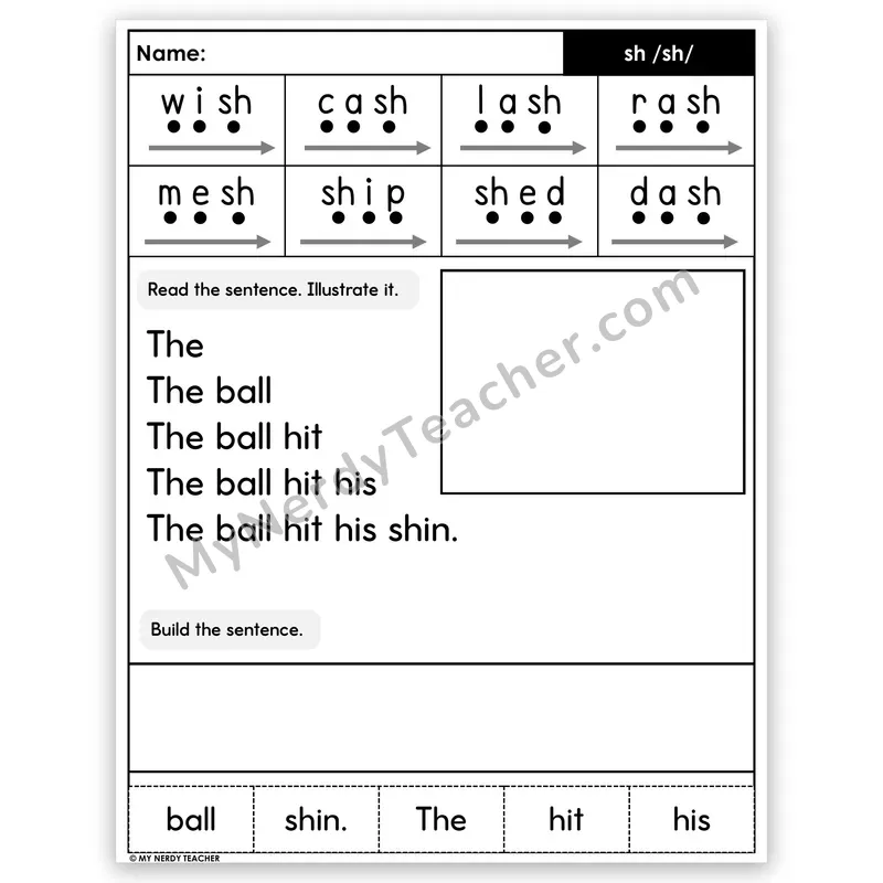 SH Digraph Sentence Pyramid — Decodable Fluency Worksheet (Set 5)