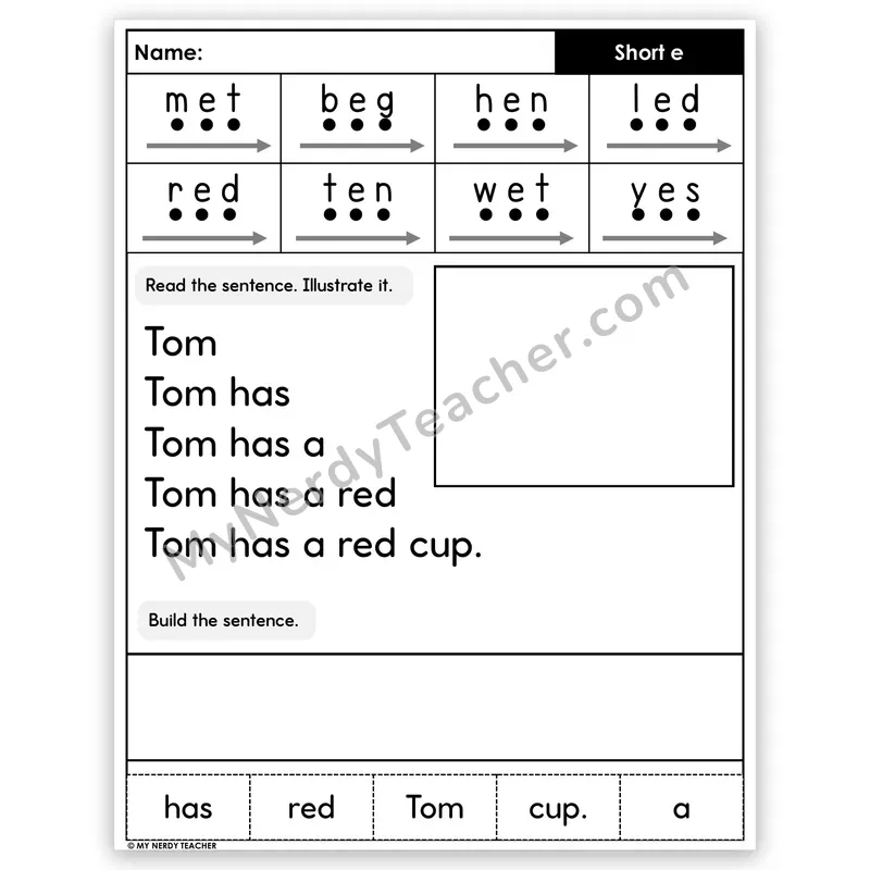 Short E CVC Sentence Pyramid — Decodable Fluency Worksheet (Set 4)