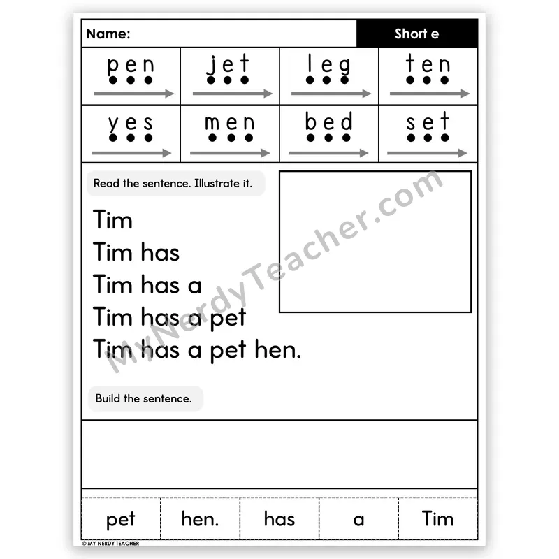 Short E CVC Sentence Pyramid — Decodable Fluency Worksheet (Set 2)