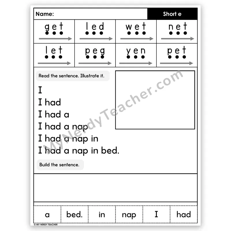 Short E CVC Sentence Pyramid — Decodable Fluency Worksheet (Set 3)