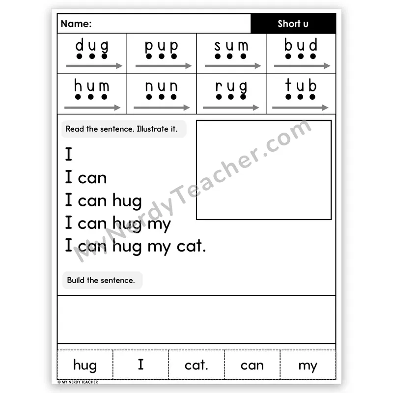 Short U CVC Sentence Pyramid — Decodable Fluency Worksheet (Set 2)