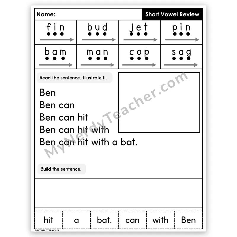 Short Vowel Review CVC Sentence Pyramid — Decodable Fluency Worksheet (Set 3)