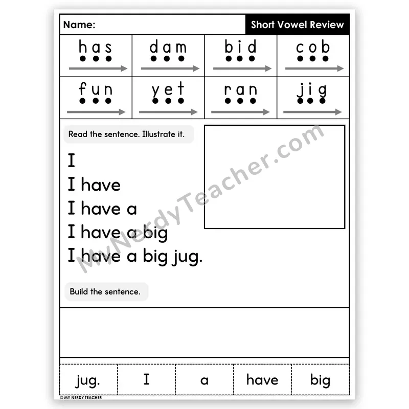 Short Vowel Review CVC Sentence Pyramid — Decodable Fluency Worksheet (Set 1)