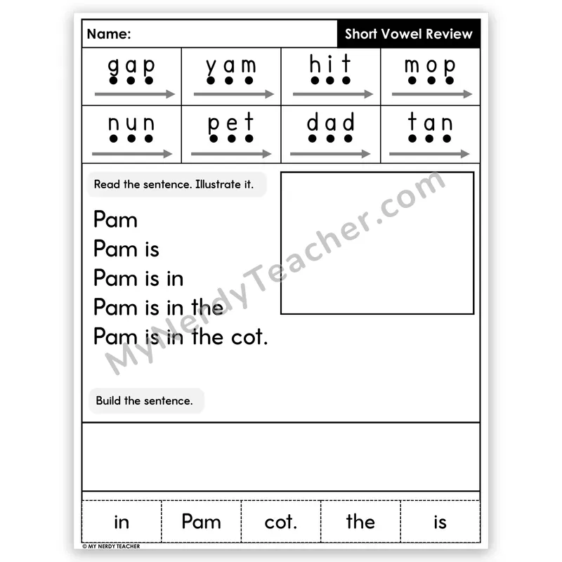 Short Vowel Review CVC Sentence Pyramid — Decodable Fluency Worksheet (Set 2)