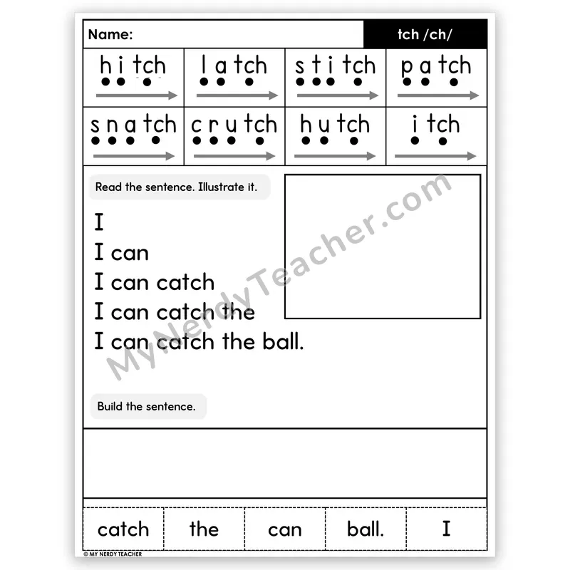 TCH Trigraph Sentence Pyramid — Decodable Fluency Worksheet (Set 2)