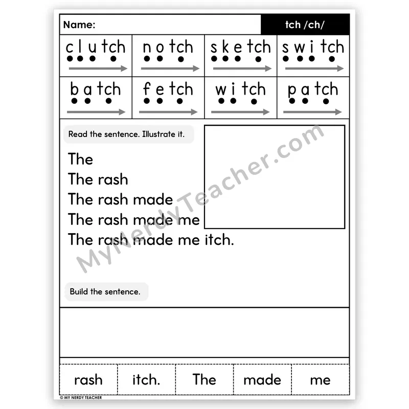 TCH Trigraph Sentence Pyramid — Decodable Fluency Worksheet (Set 3)