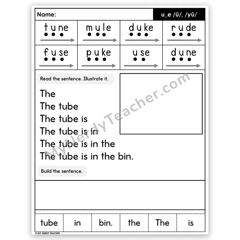Silent E u_e (Long U) Sentence Pyramid — Decodable Fluency Worksheet (Set 3)