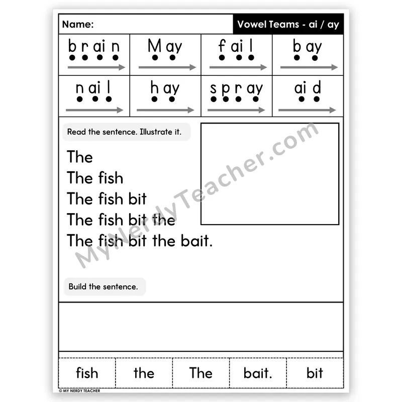 Vowel Teams AI and AY (Long A) Sentence Pyramid — Decodable Fluency Worksheet (Set 2)