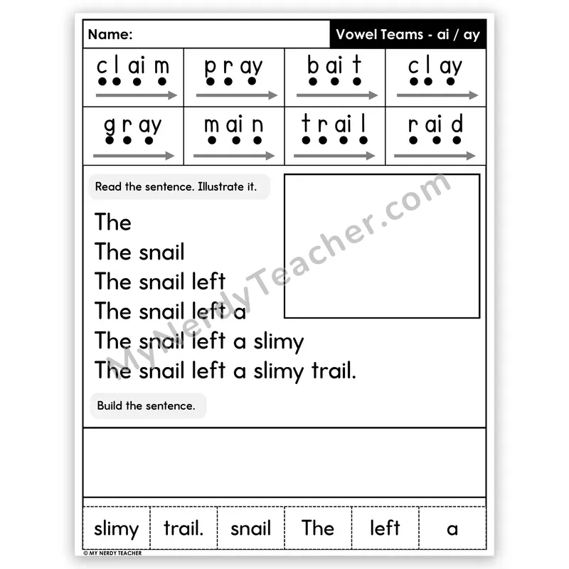 Vowel Teams AI and AY (Long A) Sentence Pyramid — Decodable Fluency Worksheet (Set 1)