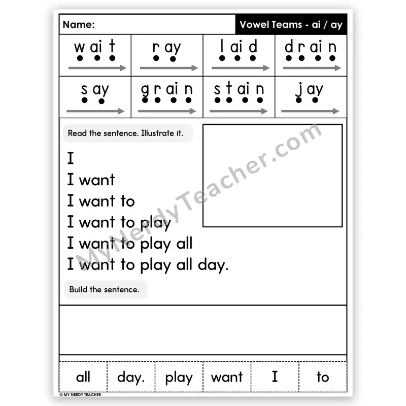 Vowel Teams AI and AY (Long A) Sentence Pyramid — Decodable Fluency Worksheet (Set 3)