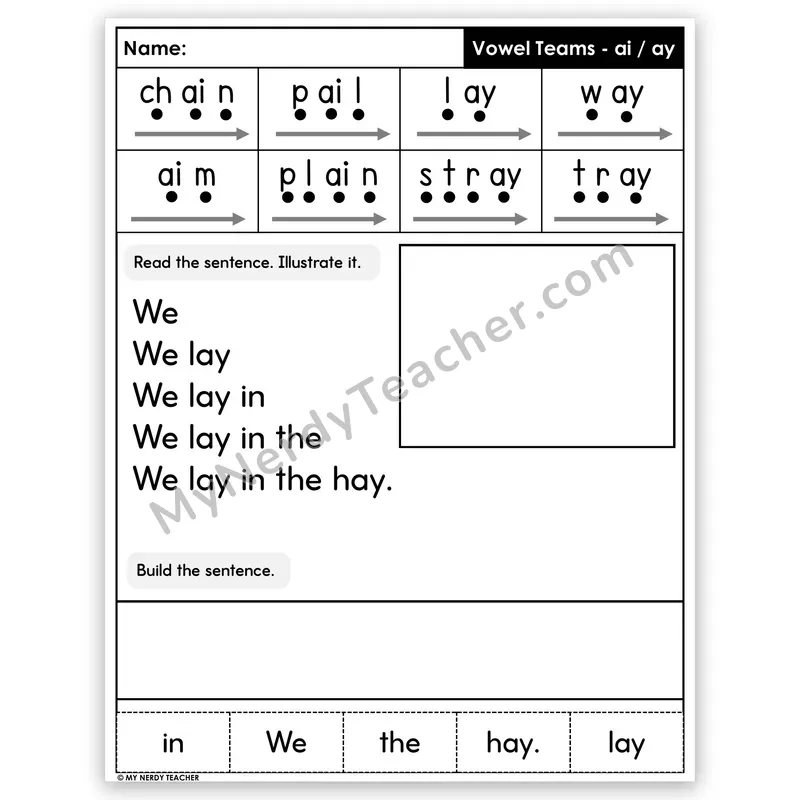 Vowel Teams AI and AY (Long A) Sentence Pyramid — Decodable Fluency Worksheet (Set 4)