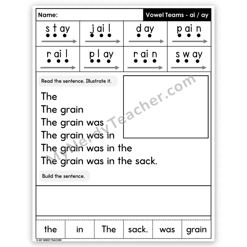 Vowel Teams AI and AY (Long A) Sentence Pyramid — Decodable Fluency Worksheet (Set 5)