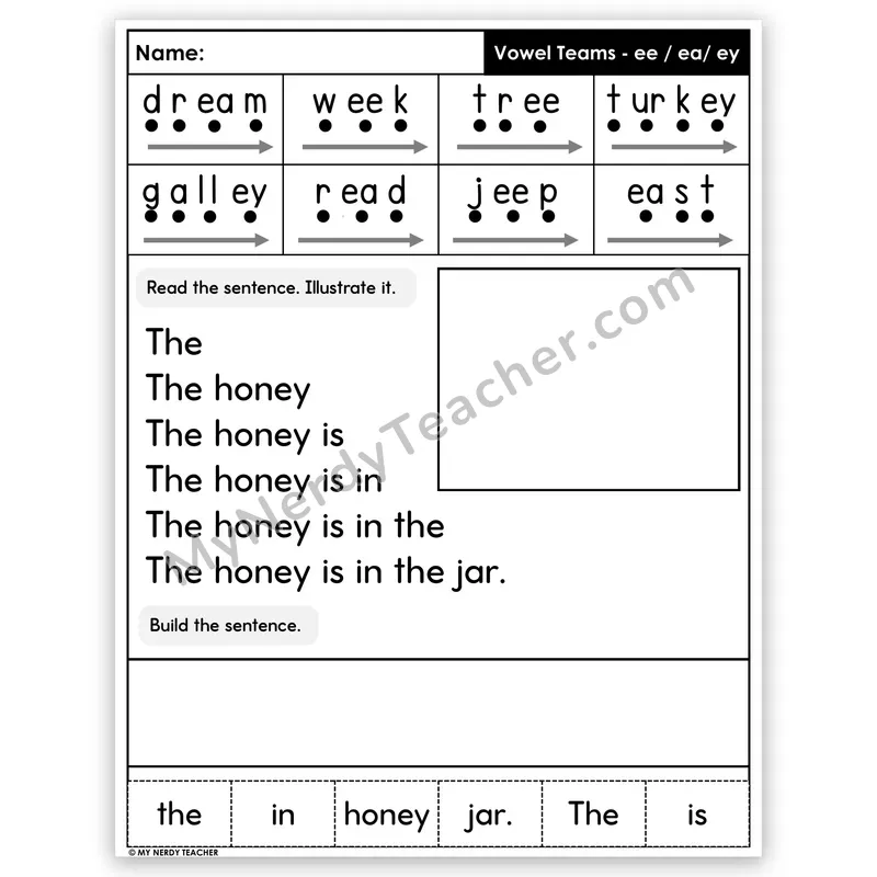 Vowel Teams EE, EA, EY (Long E) Sentence Pyramid — Decodable Fluency Worksheet (Set 3)