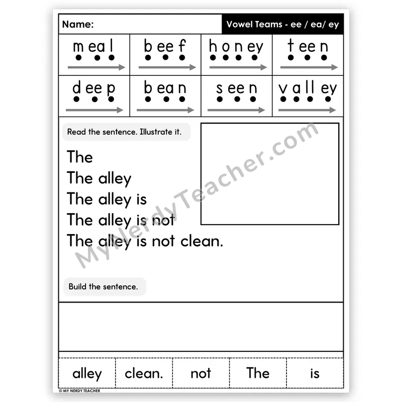 Vowel Teams EE, EA, EY (Long E) Sentence Pyramid — Decodable Fluency Worksheet (Set 2)
