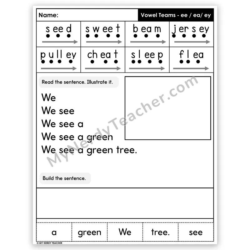 Vowel Teams EE, EA, EY (Long E) Sentence Pyramid — Decodable Fluency Worksheet (Set 1)