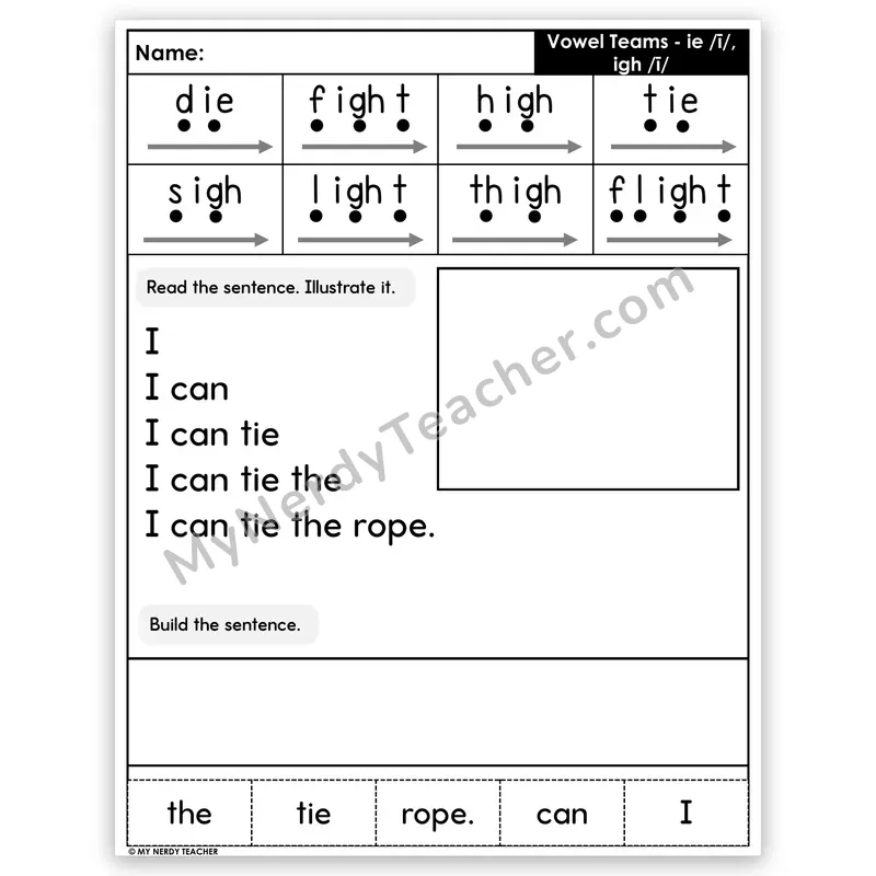 Vowel Teams IE and IGH (Long I) Sentence Pyramid — Decodable Fluency Worksheet (Set 1)