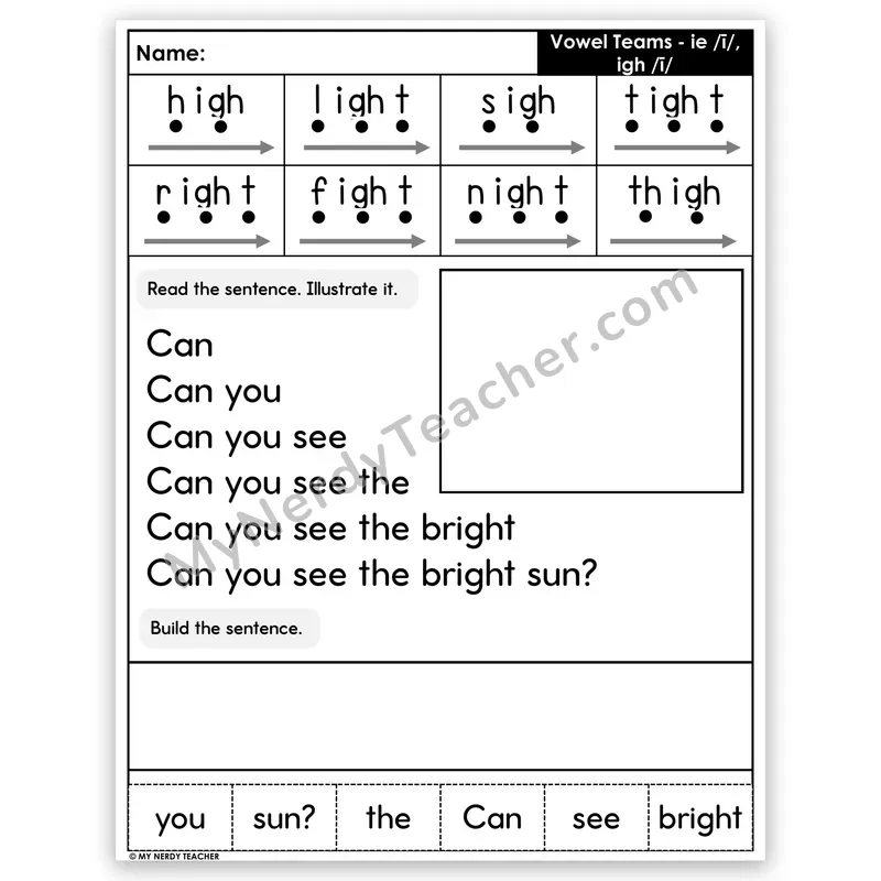 Vowel Teams IE and IGH (Long I) Sentence Pyramid — Decodable Fluency Worksheet (Set 5)