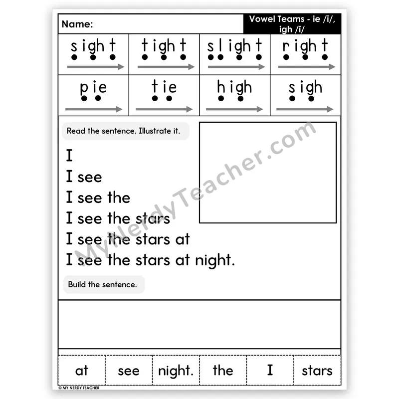 Vowel Teams IE and IGH (Long I) Sentence Pyramid — Decodable Fluency Worksheet (Set 3)