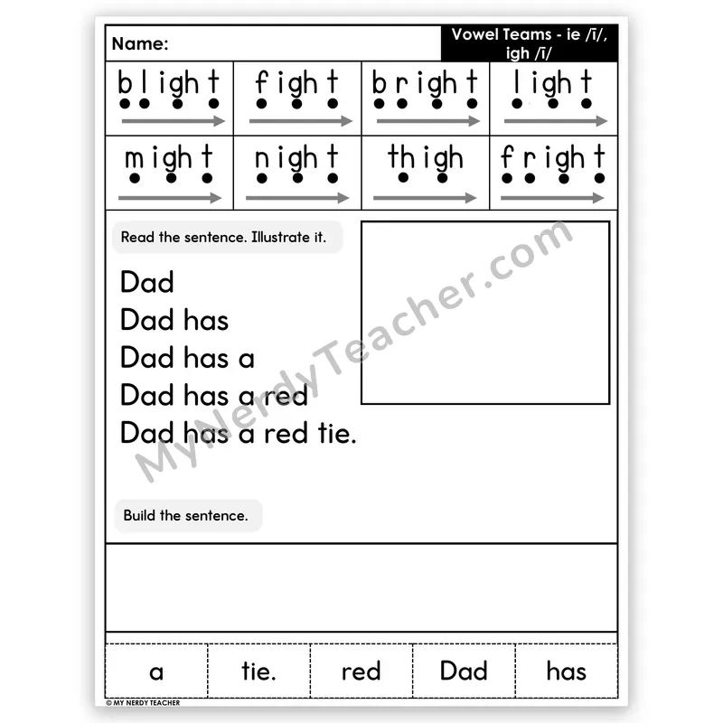 Vowel Teams IE and IGH (Long I) Sentence Pyramid — Decodable Fluency Worksheet (Set 4)