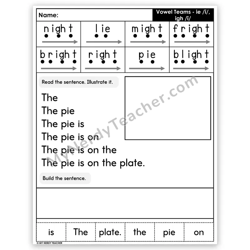 Vowel Teams IE and IGH (Long I) Sentence Pyramid — Decodable Fluency Worksheet (Set 2)