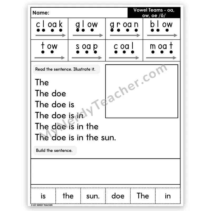 Vowel Teams OA, OW, OE (Long O) Sentence Pyramid — Decodable Fluency Worksheet (Set 3)