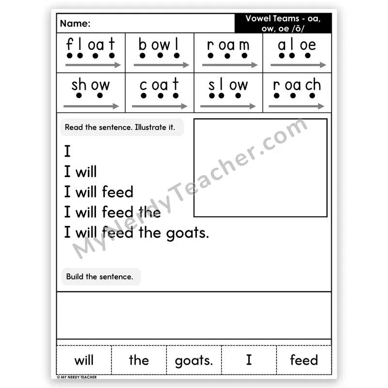 Vowel Teams OA, OW, OE (Long O) Sentence Pyramid — Decodable Fluency Worksheet (Set 2)