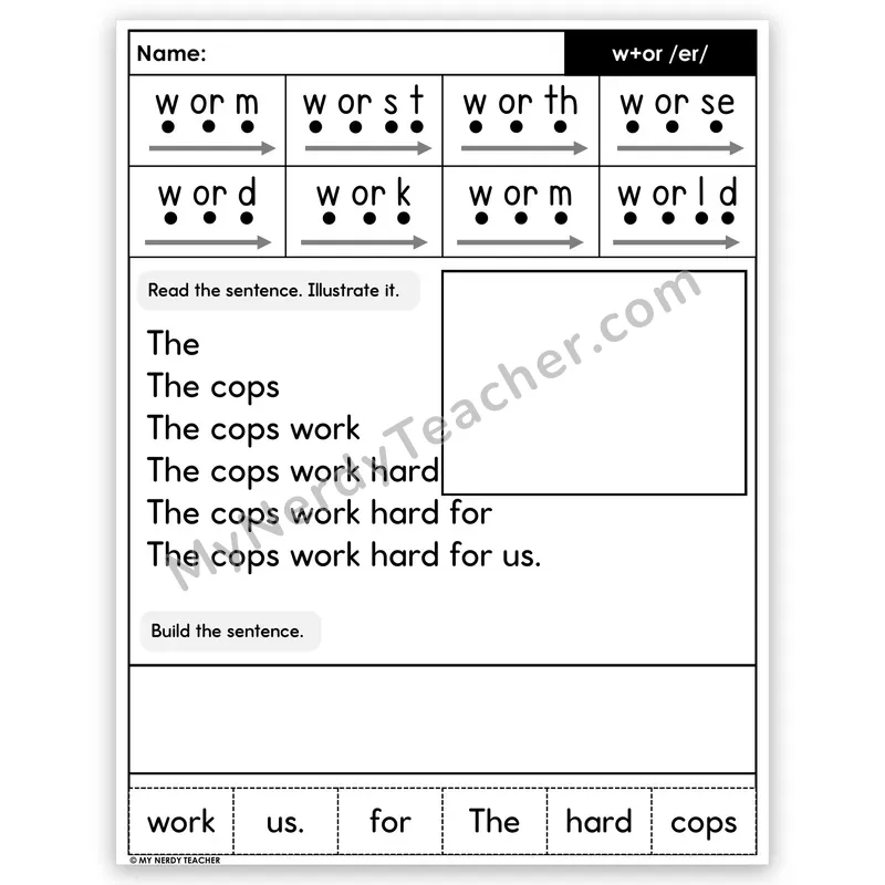 R-Controlled W+OR (/er/) Sentence Pyramid — Decodable Fluency Worksheet (Set 2)