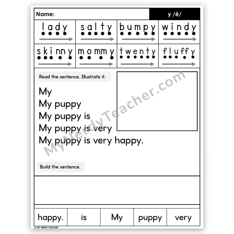 Y as Long E Sentence Pyramid — Decodable Fluency Worksheet (Set 5)