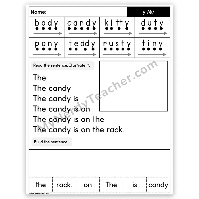 Y as Long E Sentence Pyramid — Decodable Fluency Worksheet (Set 1)