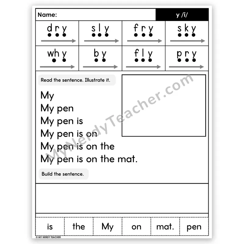 Y as Long I Sentence Pyramid — Decodable Fluency Worksheet (Set 5)