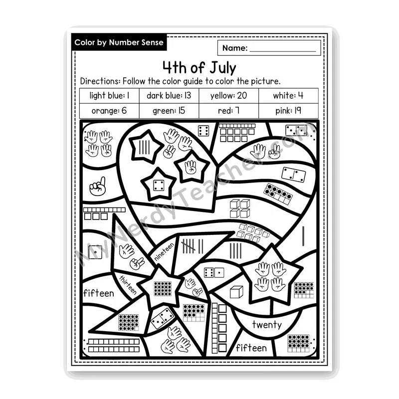 4th of July Color by Number Sense — Numbers to 20 Worksheet (Set 4)