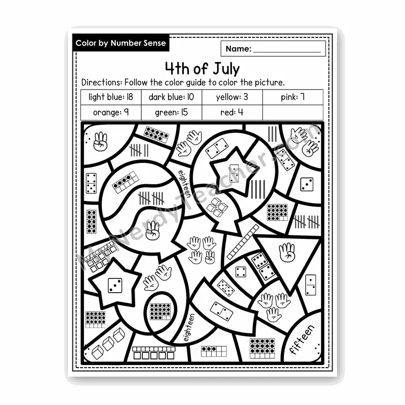4th of July Color by Number Sense — Numbers to 20 Worksheet (Set 5)