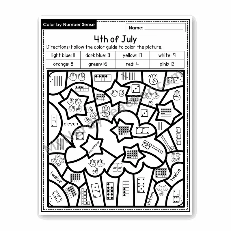 4th of July Color by Number Sense — Numbers to 20 Worksheet (Set 3)