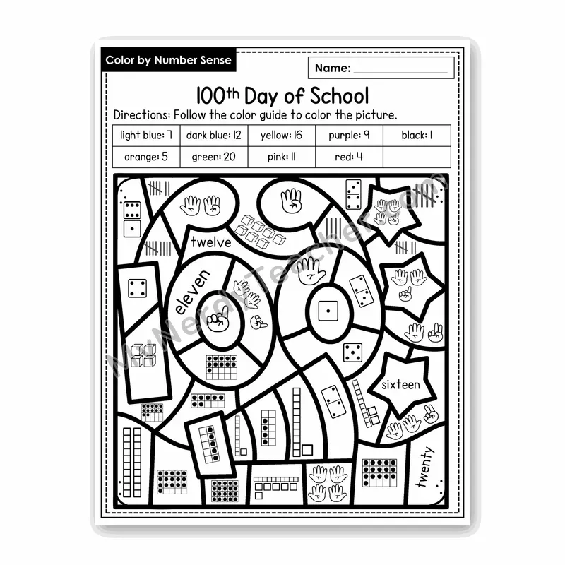 100th Day of School Color by Number Sense — Numbers to 20 Worksheet (Set 3)