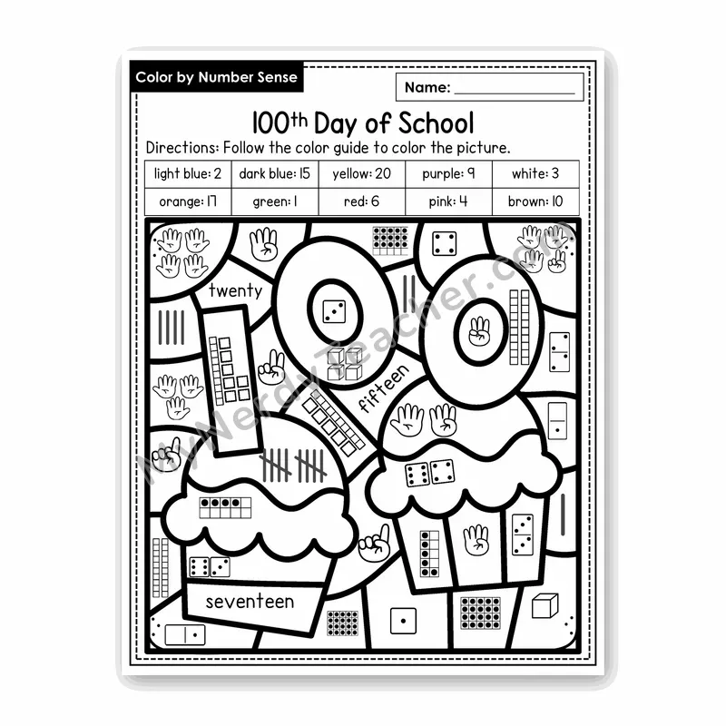 100th Day of School Color by Number Sense — Numbers to 20 Worksheet (Set 4)