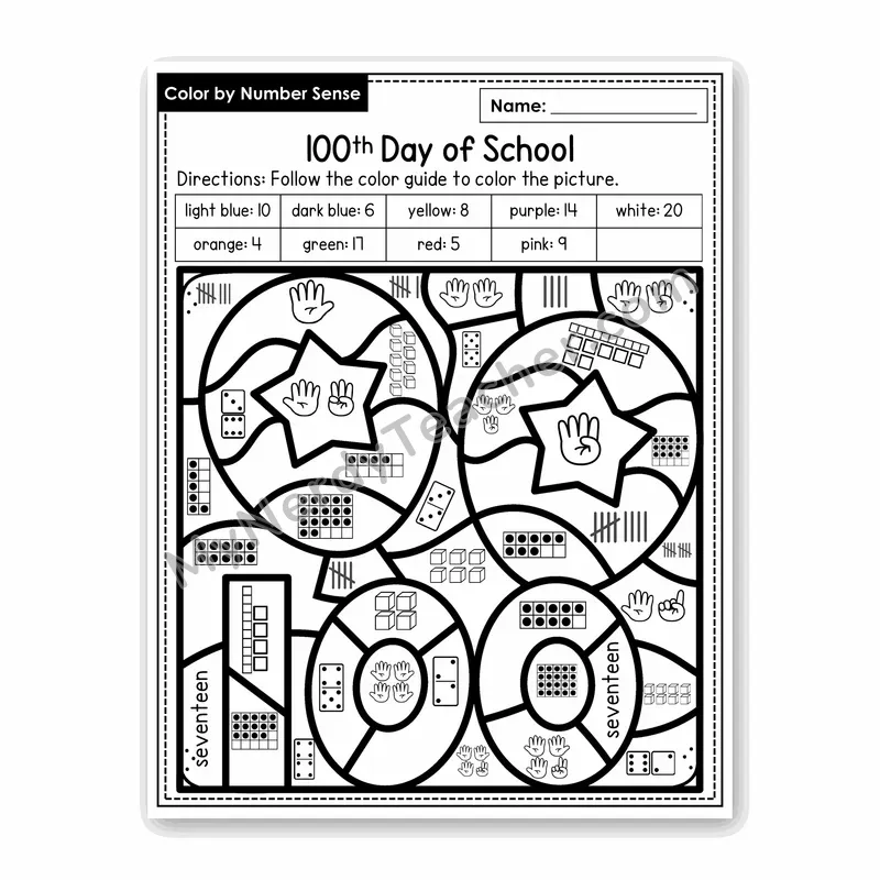 100th Day of School Color by Number Sense — Numbers to 20 Worksheet (Set 1)