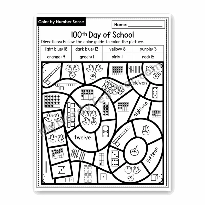 100th Day of School Color by Number Sense — Numbers to 20 Worksheet (Set 7)