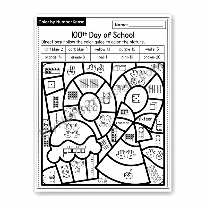 100th Day of School Color by Number Sense — Numbers to 20 Worksheet (Set 8)