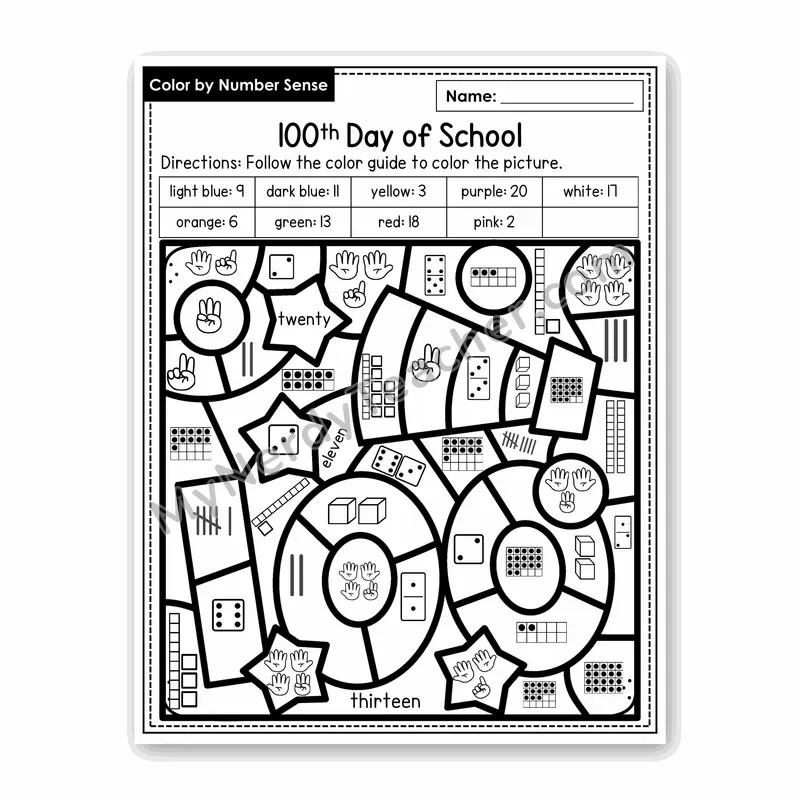 100th Day of School Color by Number Sense — Numbers to 20 Worksheet (Set 6)
