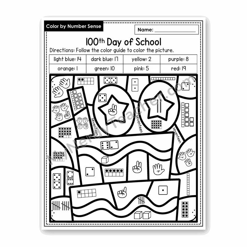100th Day of School Color by Number Sense — Numbers to 20 Worksheet (Set 5)