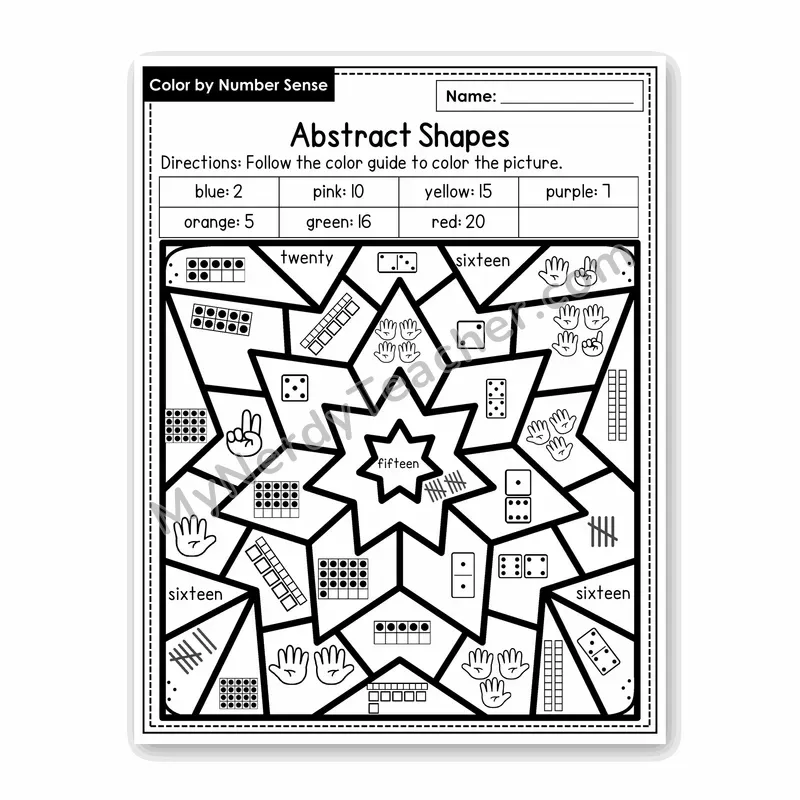 Abstract Shapes Color by Number Sense — Numbers to 20 Worksheet (Set 1)