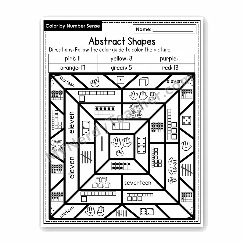 Abstract Shapes Color by Number Sense — Numbers to 20 Worksheet (Set 2)