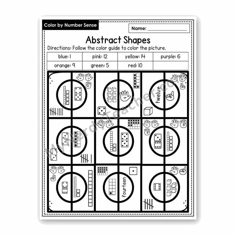 Abstract Shapes Color by Number Sense — Numbers to 20 Worksheet (Set 6)
